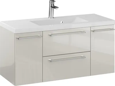 Produktbild von FURNI Waschtischunterschrank RON 100 D cm - Kaschmir - Hängender Badschrank mit Mineralguss - Waschbecken - Griffe Chrom - Vormontiert