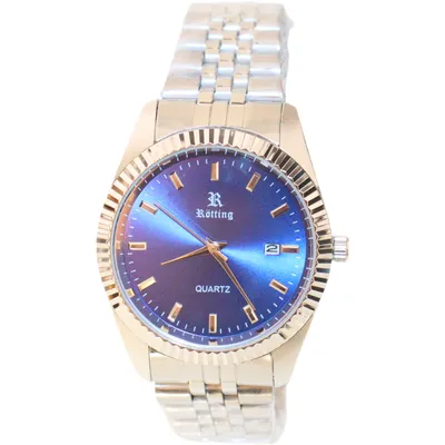 Produktbild von Rötting Design Herrenuhr Quarz silberfarbene Lünette blaues Ziffernblatt DATUM