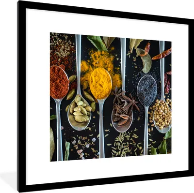 Produktbild von MuchoWow® Gerahmtes Poster Löffel - Gewürze - Lebensmittel - Tisch 40x40 cm - Poster mit Schwarzem Bilderrahmen Wandposter Rahmen Foto Bilder - Poster - Plakat im Rahmen
