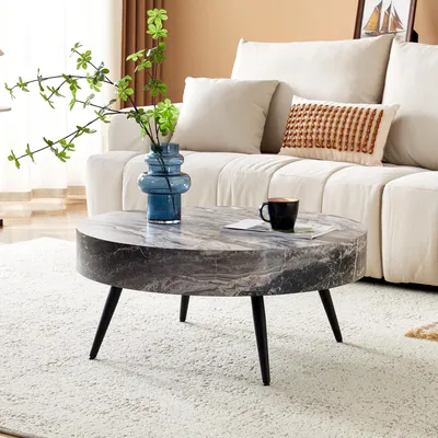 Image de Table basse ronde de 70 cm, aspect marbre gris, MDF, pieds en métal noir, style minimaliste