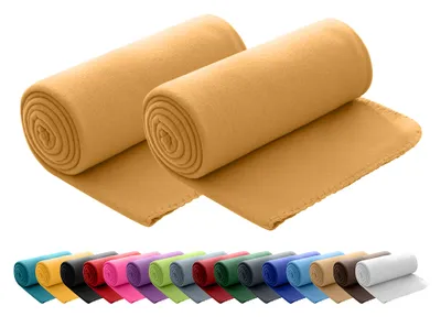 Two rolled-up fleece blankets in yellow are displayed prominently, with a row of differently colored rolled blankets shown below.