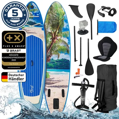 Produktbild von BRAST SUP Board Tropic | Aufblasbares Stand up Paddle Set | 320x81x15cm | 5 Designs | inkl. Sonderzubehör | 2in1 Paddel Kajak-Sitz Action-Cam-Halterung Fußschlaufe Pumpe Rucksack | Beach