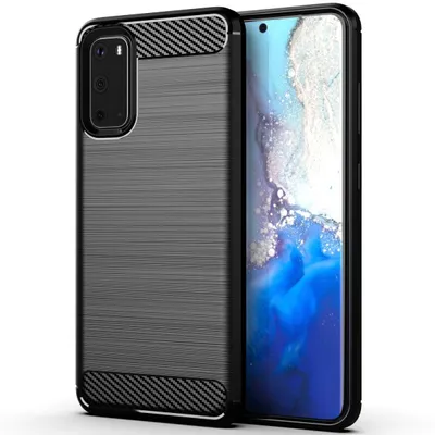 A smartphone case with a carbon fiber look is shown next to a smartphone.