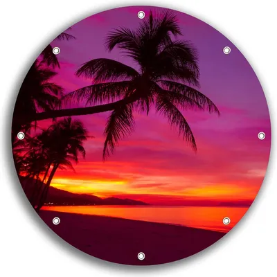 Produktbild von Wallario rundes Outdoor-Poster für Garten oder Balkon, Motiv Abendrot unter Palmen - pinker Himmel am Strand, 30 cm Durchmesser