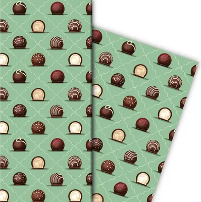 Produktbild von Delikates Geschenkpapier mit Schokoladen Pralinen auf grün - G7615, 32 x 48cm