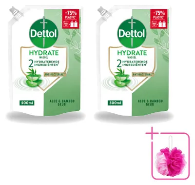 Imagen del producto de 2 unidades de recambio de jabón líquido para manos Dettol, hidratante, con aloe vera y bambú, 500 ml, pack ahorro