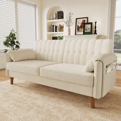 Produktbild von Merax 2-Sitzer Sofa aus Chenille, dick gepolstert, getuftete Rückenlehne, 2 Armlehnenkissen, Seitentaschen, Massivholzbeine, Beige