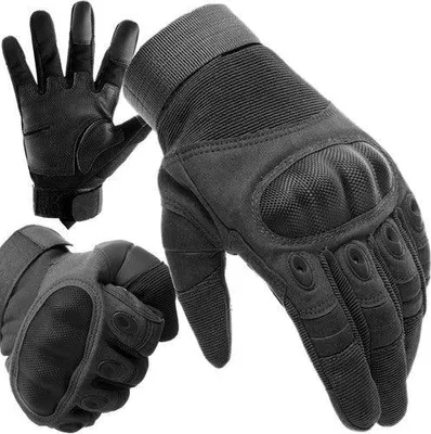Three black tactical gloves are shown against a white background. One glove is shown from the palm side, another from the back, and a third is shown from the side.