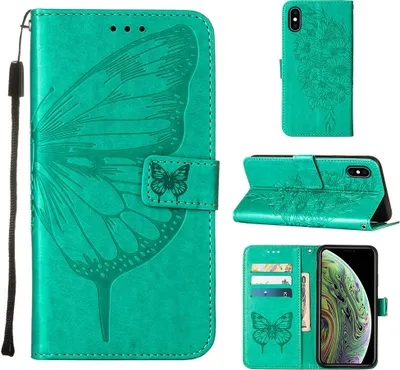 Produktbild von iPhone XS Max Hülle, Schmetterling Prägung Flip Leder Kartenfächer Schutzhülle Ledertasche mit Ständer für iPhone XS Max Grün