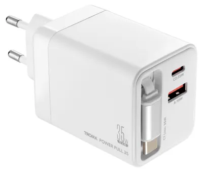 Immagine prodotto di Spina di ricarica TROIKA Tecnologia di ricarica rapida – POWER PULL 35 – 35 W con connessione USB-C e USB-A e cavo USB-C estensibile