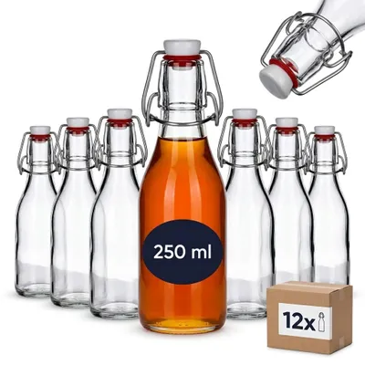 12 runde Glasflaschen 250 ml mit Bügelverschluss, transparent