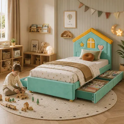 Productafbeelding van Merax Bekleden kinderbed 90x200 cm met 4 lades, houten bed met bekleding, fluweel bed voor tieners, bed met opbergruimte en huisvormig hoofdeinde, blauwgroen