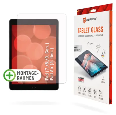 Produktbild von Displex Tablet Glass (9H) für iPad (7./8./9. Gen.)/Air (3. Gen.), Eco-Montagerahmen L-Form, unzerbrechlich, ultra-dünn, unsichtbar, Klare Bildschirmschutzfolie, 26,7 cm (10.5"), Glänzend, 9H, Gehärtetes Glas, 145 g