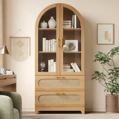 Immagine prodotto di MODFU, set di 2 vetrine con ante in vetro, mobile contenitore per il soggiorno con 2 cassetti, vetrina a colonna, libreria con design retrò, dimensioni 175 x 80 x 40 cm, finitura noce