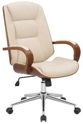 A cream-colored office chair with wooden accents and a silver base with wheels, shown against a white background.