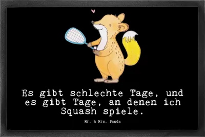 Produktbild von Mr. & Mrs. Panda Bodenvorleger Fuchs Squash spielen 50 x 75 cm - Schwarz - Geschenk, Sauberlaufmatte, Schmutzmatte, Squashhalle, Ballsport, fußmatte, Schmutzfangmatte