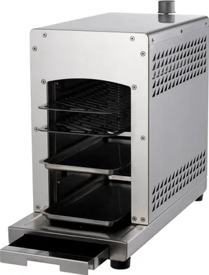 A stainless steel countertop grill with its door open, showing multiple racks and trays inside.