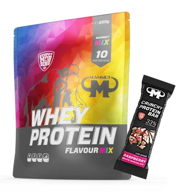 Produktbild von Mammut Nutrition - Whey Protein 10 x 25 g Proben Mixbeutel - 10 Portionen Eiweiß + GRATIS Protein Bar (Raspberry White Chocolate), Geschmack: Mix Beutel 10 x 25 g