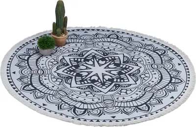 Produktbild von Relaxdays Teppich rund, Boho-Teppich im Mandala-Design, Ø 120 cm, Baumwollteppich mit Fransen, rutschfest, creme/schwarz