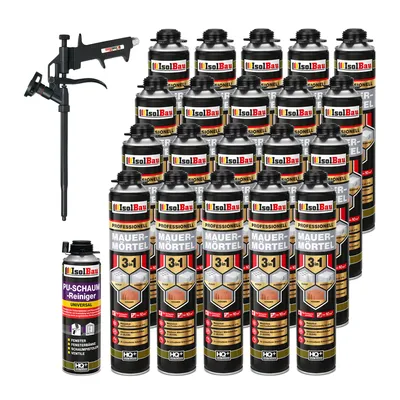 Produktbild von Isolbau Mauermörtel Pistolenschaum SET - Teflon Schaumpistole, PolyurethanReiniger Montageschaum Klebeschaum PolyurethanMörtel 20 x 750ml