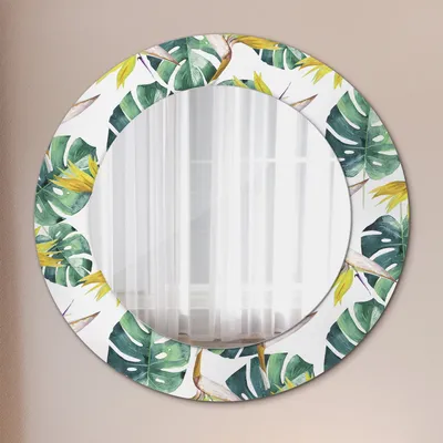Produktbild von Wohnzimmer Spiegel - Mirror zum Wandspiegel Schlafzimmer – Schminkspiegel - Tropisch Blätter - Rund: Ø50cm