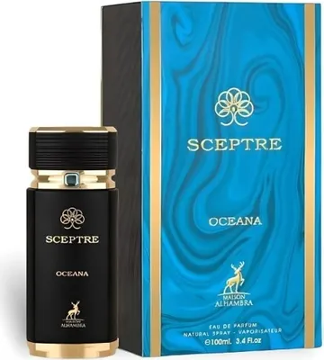 A perfume bottle and its packaging are displayed side-by-side against a white background.