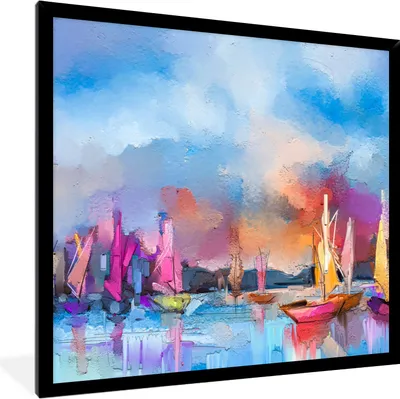 Produktbild von MuchoWow® Gerahmtes Poster Malerei - Boote - Wasser 40x40 cm - Poster mit Schwarzem Bilderrahmen Wandposter Rahmen Foto Bilder - Mit Rahmen - Wanddekoration Schlafzimmer