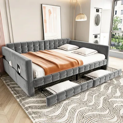Immagine prodotto di Letto a giorno MODFU, imbottito, 140x190 cm, con 2 cassetti, divano letto dal design classico con bottoni, letto per ragazzi con rete a doghe, tasche laterali e spazio contenitivo, senza materasso, colore grigio