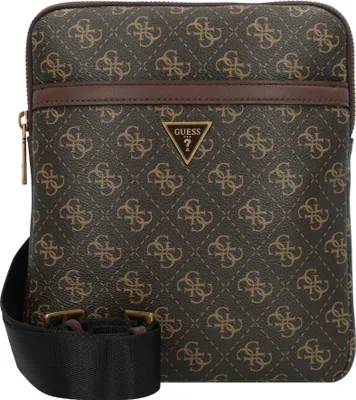 A brown Guess crossbody bag with a repeating logo pattern.