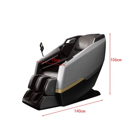 A gray and black massage chair with dimensions indicated by red lines and text.
