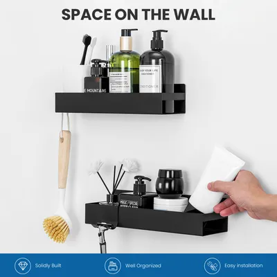 Produktbild von Duschkorb Duschablage ohne Bohren, 2 Stück Badezimmer Regal, Duschkörbe für Bad Küche Toilette, Edelstahl Duschablage mit 2 Haken, Schwarz