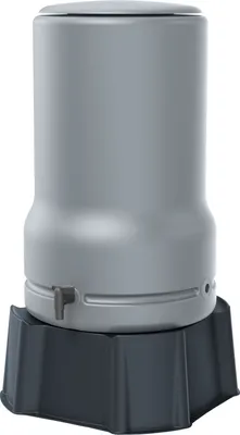 A gray rain barrel with a dark gray base and a spigot.