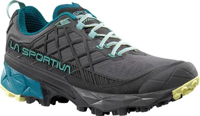 Trailrunning-Schuhe für Damen; Modell "Akyra II Woman Gtx" von La Sportiva in Grau mit türkisfarbenen Akzenten.