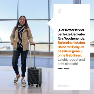 Produktbild von Travely Premium Handgepäck Koffer 45x36x20cm - passend für Ryanair, Lufthansa, Eurowings und co. I 32L Trolley Handgepäck mit sanften Rollen und praktischem TSA Schloss, Reisekoffer, Schwarz