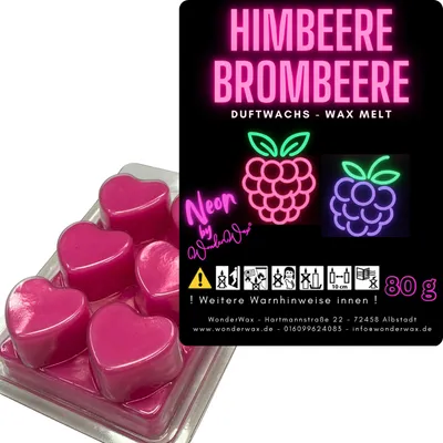 Produktbild von WonderWax Neon Duftwachs Wax Melts für Duftlampe, 6 Herzen Duftmelt Wachsmelt Sojawachs Neon Herzen für Raumdüfte, Wachs Duftöl Indoor Herbst Melts für Aromalampe Himbeeren & Brombeeren