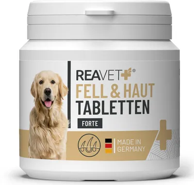 Produktbild von REAVET Fell & Haut Tabletten Hunde 120 Stück - sekundierend bei Fellproblemen, Dermatose & Haarausfall Hund, Fell Tabletten für Hunde, Unterstützung der Hautfunktion