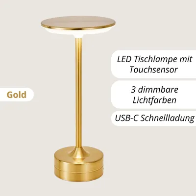 Produktbild von LED Tischlampe mit Touchsensor – 3 Farbtemperaturen dimmbar – USB wiederaufladbar & kabellos – Moderne Nachttischlampe – Gold