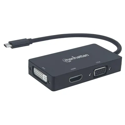Produktbild von Manhattan USB-C 3-in-1 Multiport A/V-Konverter, USB Typ C-Stecker auf DVI-, HDMI- oder VGA-Buchse, 4K@30Hz auf HDMI-Port, 1080p auf VGA- und DVI-Ports, schwarz, 3840 x 2160 Pixel