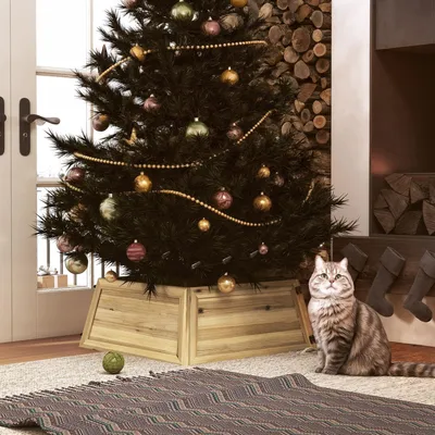 Image de Jupe de sapin de Noël en bois de sapin, pied de sapin rustique en bois, aspect vieilli, bois naturel | 65 x 65 x 27 cm | 3,1 kg | Fixation par cadenas