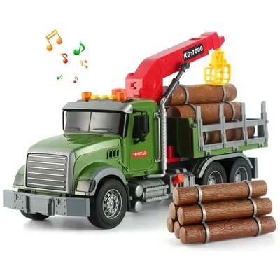 Produktbild von Lastwagen für Holztransport mit Kran – Spielzeug LKW mit Licht & Sound, Anhänger & Holzstämme für Kinder 3+