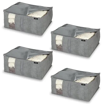 Produktbild von 4x Aufbewahrungstasche für Bettdecken Grau 55x45x25 cm mit Reißverschluss Atmungsaktiv Decken Bettwäsche Aufbewahrungsbox Organizer