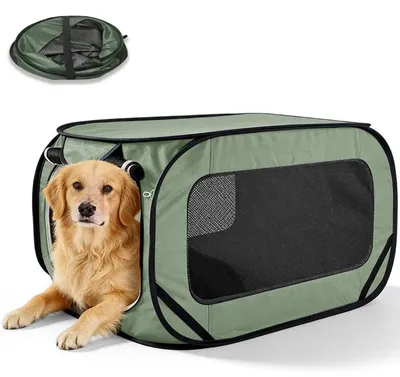 Image de Cage de transport pliable pour chien ou chat, dimensions 94x53x53 cm, couleur verte, en tissu Oxford, avec double porte