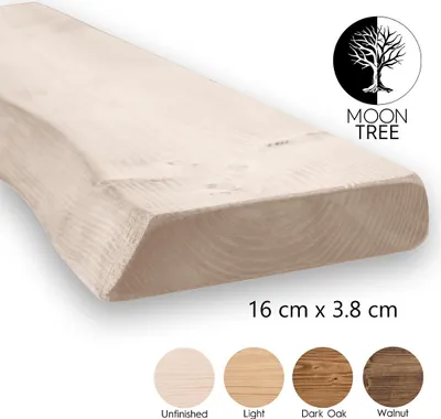 Zdjęcie produktu dla MoonTree | rustykalna drewniana półka ścienna Vasteras, 120cmx16cmx3,8cmxNiewoskowana | Półka wisząca, półka ścienna drewniana do salonu, kuchni
