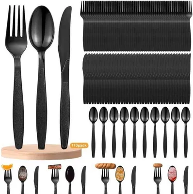 Produktbild von 110-teiliges Schwarz Plastikbesteck Set für Partys und Familienfeiern