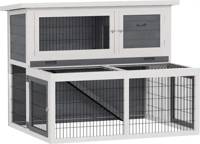 Produktbild von Fortuna Lai Hasenstall 2 Ebenen mit klappbar Dach Kaninchenstall aus Vollholz Winterfest Doppelstockhaus 122x95x93,5 cm Grau