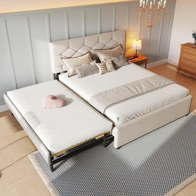 Produktbild von STILVORA Polsterbett 140x200cm mit matratze Kinderbett mit Stauraum Bettgestell mit Lattenrost Stauraumbett mit Ausziehbett,Minimalistisch, beige