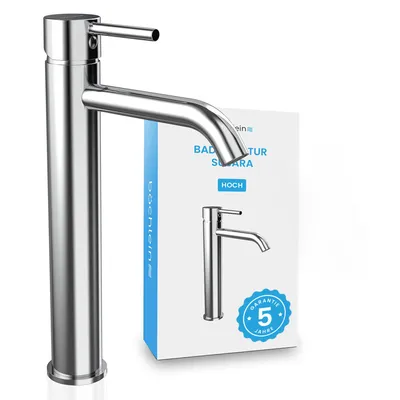 Produktbild von Bächlein Badarmatur Susara hoch mit gebogenem Auslauf, Extra hoher Design Einhebelmischer für Aufsatzwaschbecken mit langlebiger Keramikkartusche und Montage-Set, Bad Wasserhahn Chrom