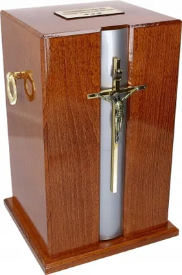 Produktbild von Holzurne Für Asche Mit Kreuz + Nische, Bestattungsset. Die Urne Wird Beigesetzt