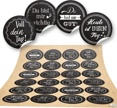 Produktbild von 24 runde Aufkleber SPRÜCHE Motivation Glück Zitat schwarz weiß Lieblingsmensch Geschenkaufkleber selbsteklebende Sticker Etiketten basteln verpacken Geschenke24 Aufkleber / 1 Bogen