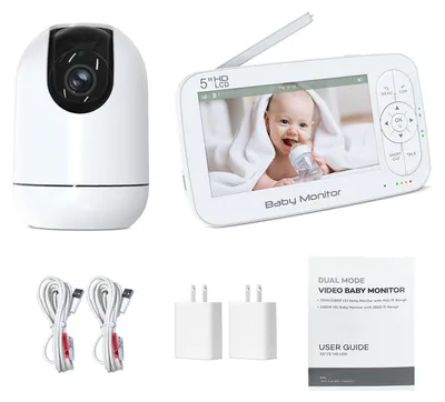 Produktbild von Babyphone mit Kamera und Audio, 5-Zoll-Display, WLAN, Nachtsicht, 4-fach-Zoom, wiederaufladbar, Temperaturalarm, Fütterungs-Timer, Zwei-Wege-Audio, 300 m Reichweite für